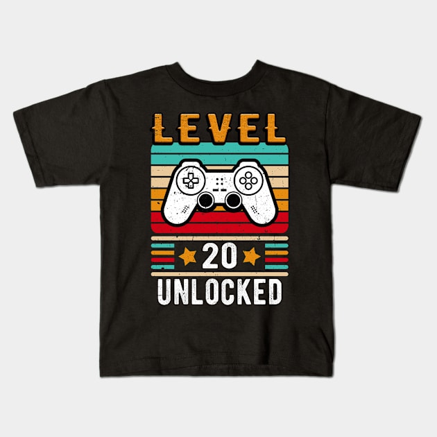 Level 20 Unlocked Birthday Retro Vintage Gamer Fun Kids T-Shirt by Foxxy Merch